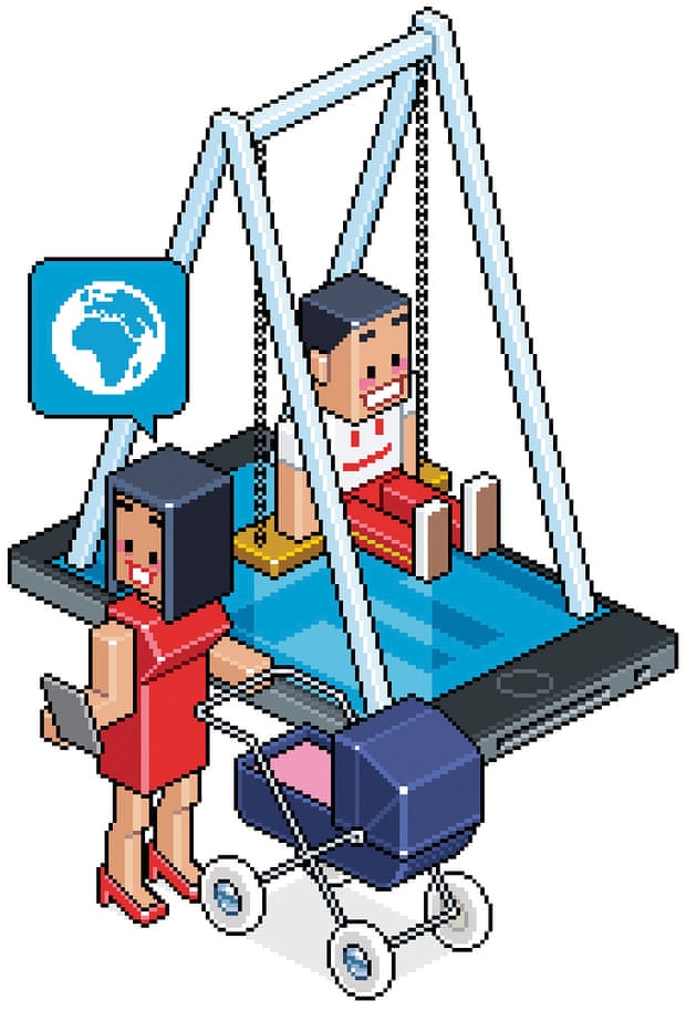 Digitized picture of kid on swingset while parent looks at phone smiling